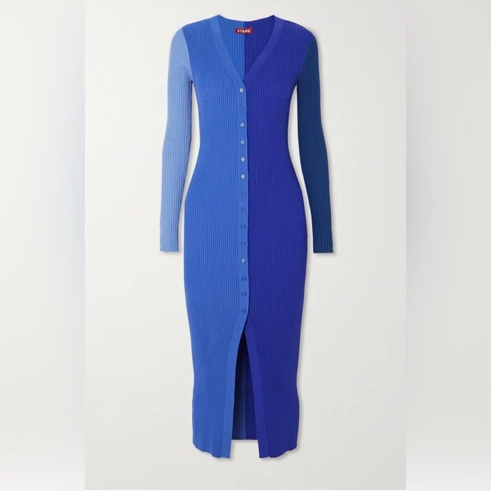 STAUD Shoko dress Blue V-Neck Shea Ribbed Knit long sz XS